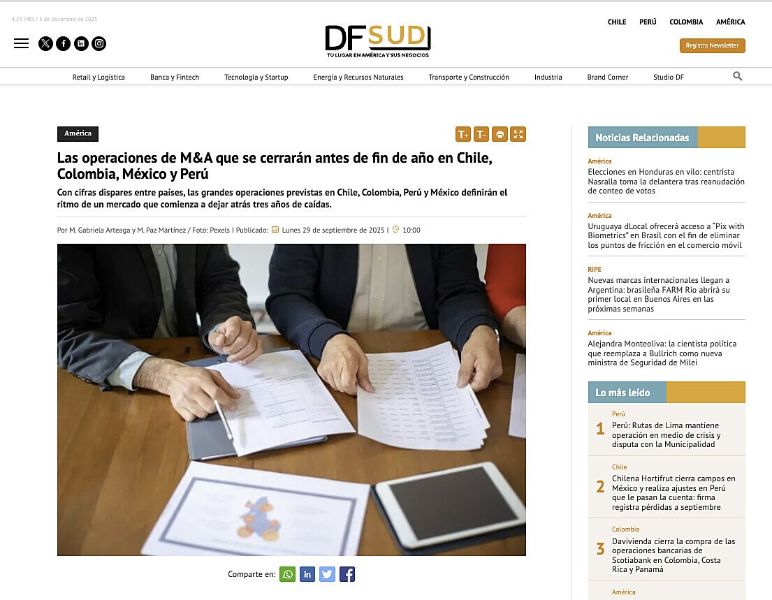 Las operaciones de M&A que se cerrarn antes de fin de ao en Chile, Colombia, Mxico y Per